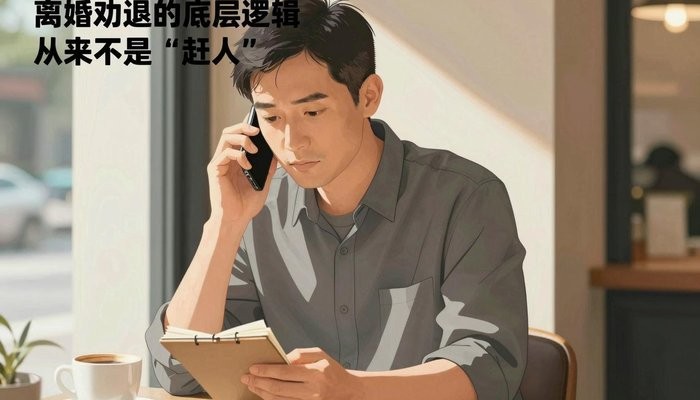 夫妻关系一位华裔男性坐在咖啡馆角落，手机贴耳，在小本子上记录