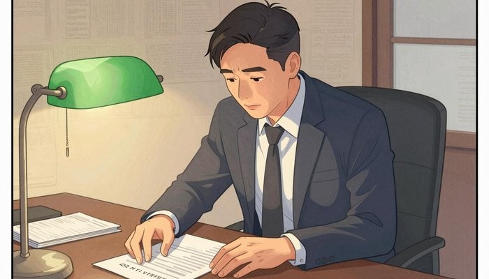 认知重构一位四十多岁的华裔男性坐在私人办公室，身体前倾双手按在堆满文件的桌上