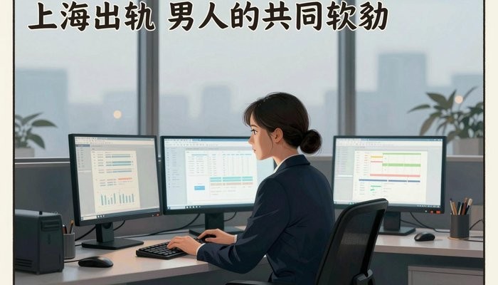 沟通技巧一位华裔女性坐在开放式办公桌前,三台显示器显示数据图表,屏幕光映亮侧脸