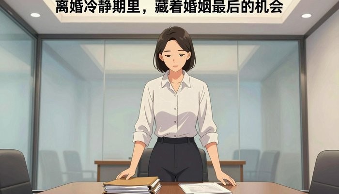 婚姻咨询一位华裔女性站在玻璃幕墙会议室桌首，双手按在一叠文件夹上低头看文件