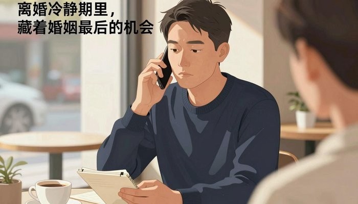 婚姻咨询一位华裔男性坐在咖啡馆角落，手机贴耳，在小本子上记录
