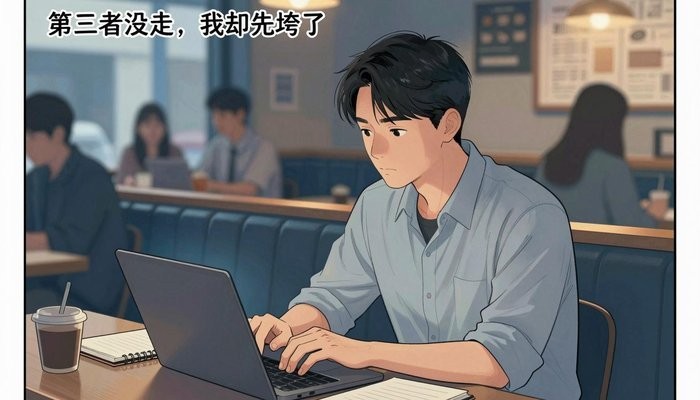 夫妻相处一位华裔男性坐在咖啡店卡座,笔记本电脑打开专注看屏幕,旁边放笔记本和笔