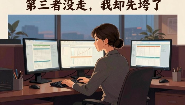 情绪表达一位华裔女性坐在开放式办公桌前,三台显示器显示数据图表,屏幕光映亮侧脸