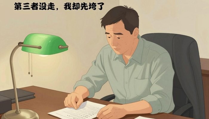 婚姻经营一位四十多岁的华裔男性坐在私人办公室,身体前倾双手按在堆满文件的桌上
