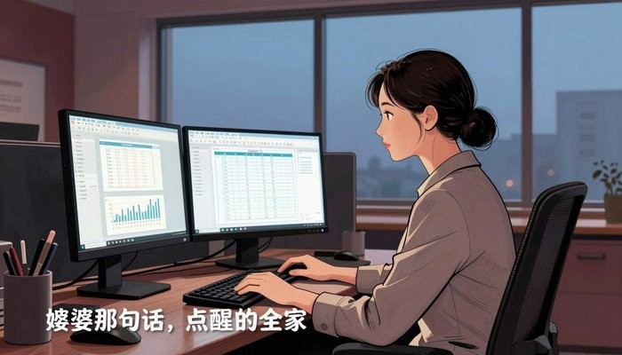 家庭系统一位华裔女性坐在开放式办公桌前,三台显示器显示数据图表,屏幕光映亮侧脸