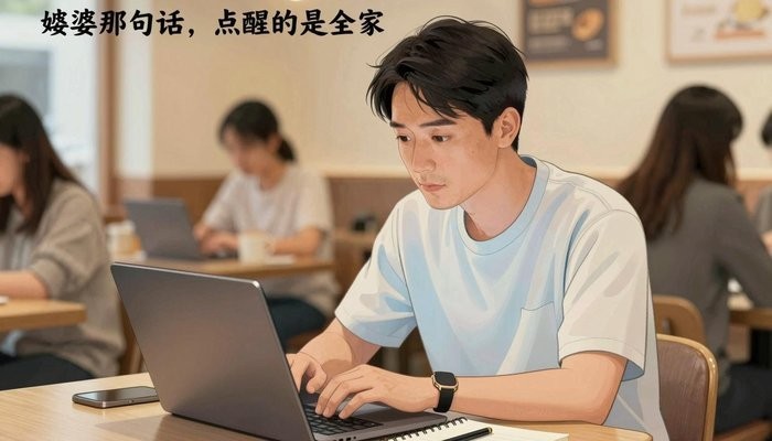 关系经营一位华裔男性坐在咖啡店卡座,笔记本电脑打开专注看屏幕,旁边放笔记本和笔