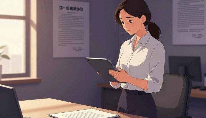 太原一位华裔女性站在站立式办公桌前，查看显示法律文件的平板