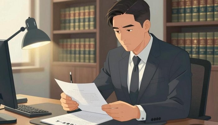 太原一位华裔男性身着西装坐在办公桌后，神情专注审阅文件，一手持钢笔