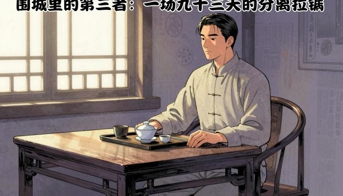 沈阳一位华裔男性坐在茶馆,双手放在桌上,面前茶具,对面是空座静静等待