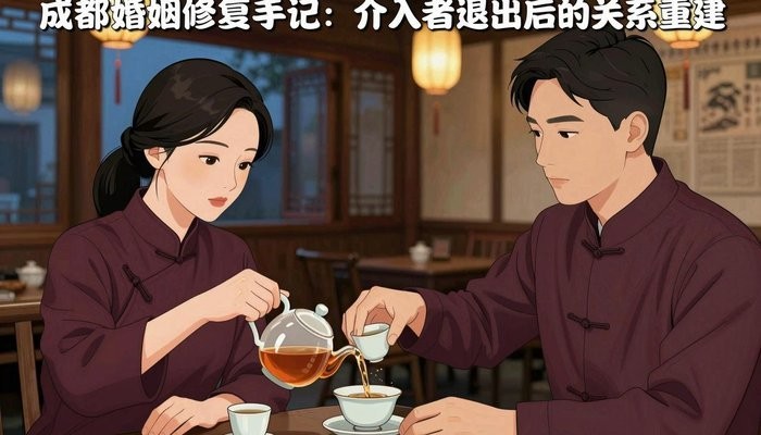 成都一男一女两位华裔隔着传统茶桌对坐,女方为男方杯中倒茶,神情温和而认真