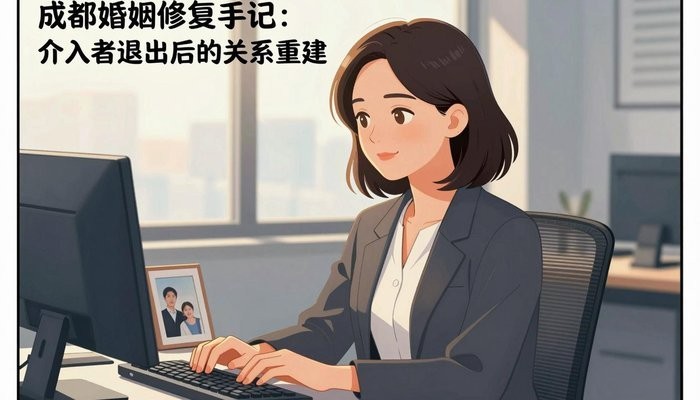 成都一位华裔女性坐在办公桌前,看着键盘旁的全家福相框露出淡淡微笑