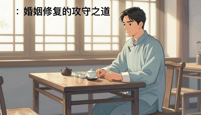 贵阳一位华裔男性坐在茶馆,双手放在桌上,面前茶具,对面是空座静静等待