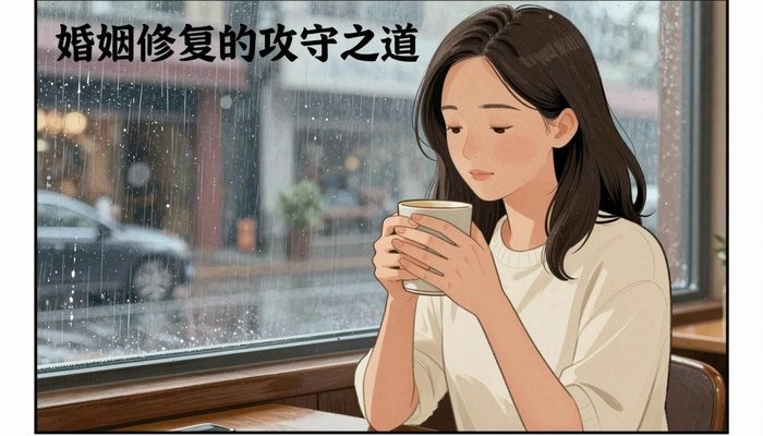 贵阳一位华裔女性坐在咖啡馆窗边,双手捧着温热马克杯,雨珠划过窗玻璃