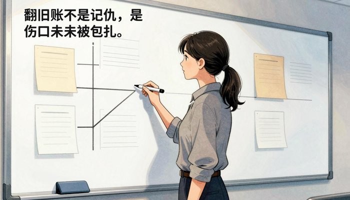 情感连接一位华裔女性站在贴满笔记和时间线的白板旁，手持马克笔侧身面向白板