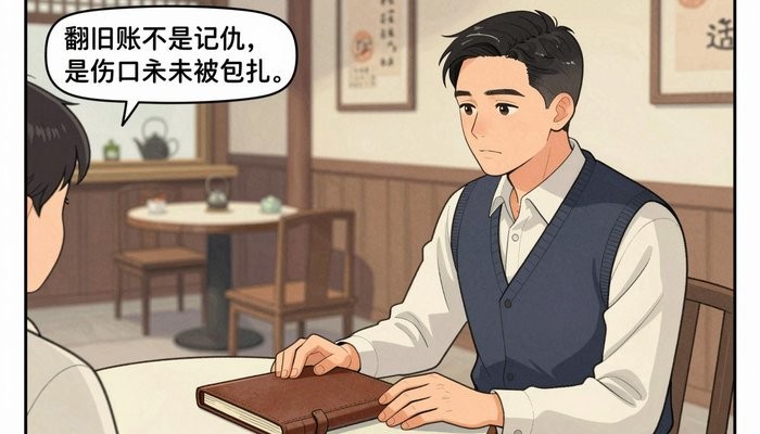 情绪表达一位华裔男性坐在茶馆包间，双手放在合起的皮质卷宗上，面对未出镜的同伴
