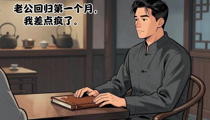 男女差异一位华裔男性坐在茶馆包间，双手放在合起的皮质卷宗上，面对未出镜的同伴