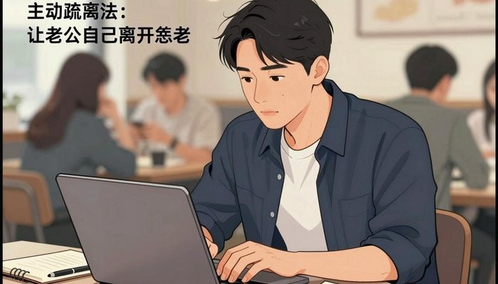 婚姻保鲜一位华裔男性坐在咖啡店卡座,笔记本电脑打开专注看屏幕,旁边放笔记本和笔