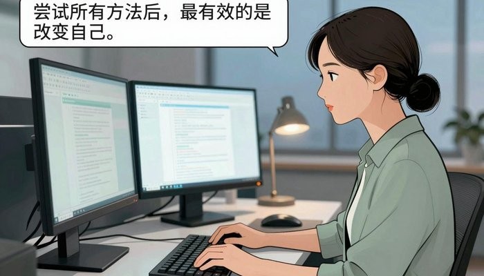 婚姻重建一位华裔女性在简洁现代办公工位,双屏发光,敲击键盘神情专注