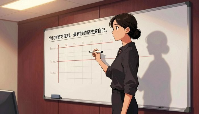 亲子关系一位华裔女性站在贴满笔记和时间线的白板旁,手持马克笔侧身面向白板