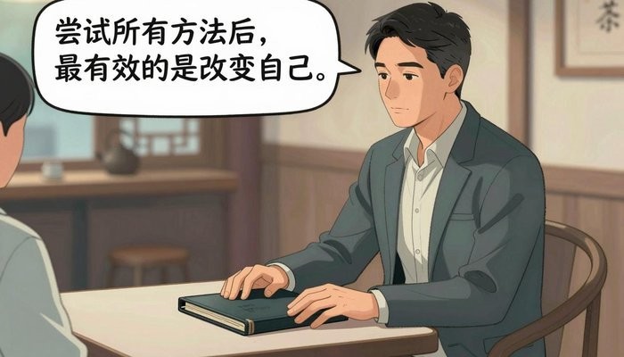 亲密关系一位华裔男性坐在茶馆包间,双手放在合起的皮质卷宗上,面对未出镜的同伴