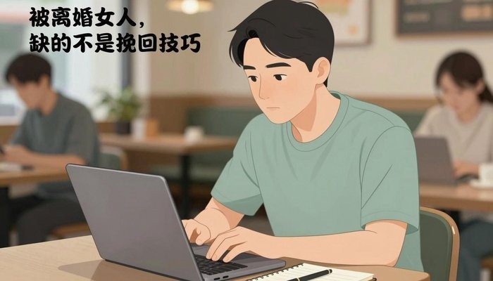 沟通技巧一位华裔男性坐在咖啡店卡座,笔记本电脑打开专注看屏幕,旁边放笔记本和笔