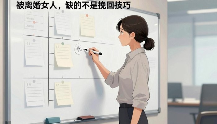 情感技巧一位华裔女性站在贴满笔记和时间线的白板旁,手持马克笔侧身面向白板