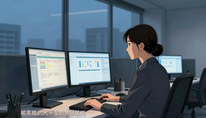 关系经营一位华裔女性坐在开放式办公桌前,三台显示器显示数据图表,屏幕光映亮侧脸