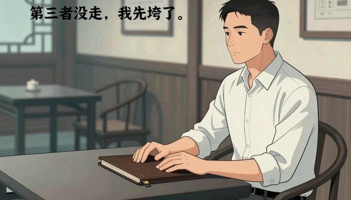 沟通技巧一位华裔男性坐在茶馆包间,双手放在合起的皮质卷宗上,面对未出镜的同伴