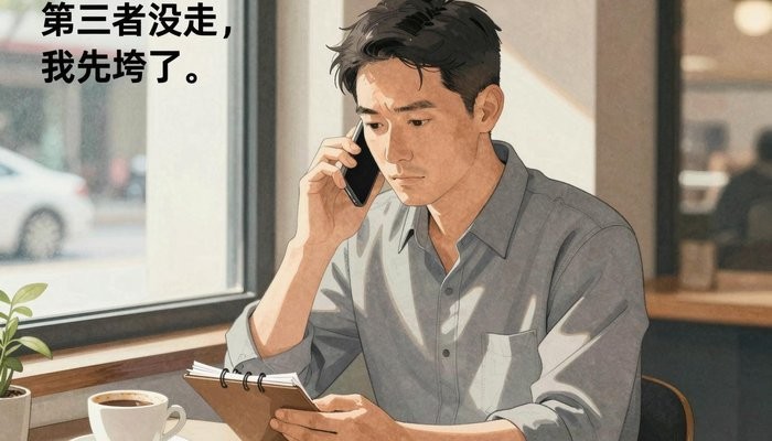 家庭系统一位华裔男性坐在咖啡馆角落,手机贴耳,在小本子上记录