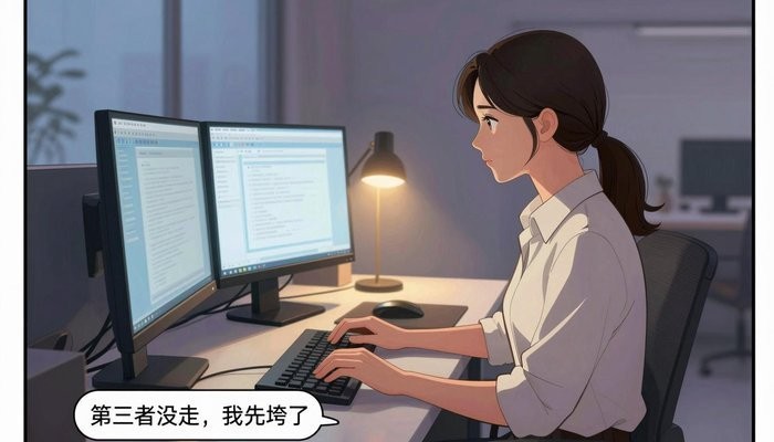 情感技巧一位华裔女性在简洁现代办公工位,双屏发光,敲击键盘神情专注