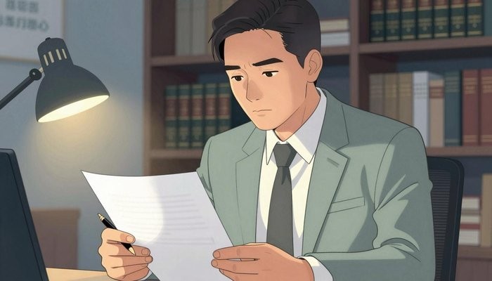 婚姻知识一位华裔男性身着西装坐在办公桌后,神情专注审阅文件,一手持钢笔