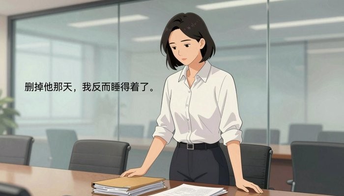 婚姻咨询一位华裔女性站在玻璃幕墙会议室桌首,双手按在一叠文件夹上低头看文件