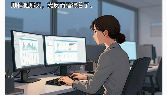 婚姻咨询一位华裔女性坐在开放式办公桌前,三台显示器显示数据图表,屏幕光映亮侧脸