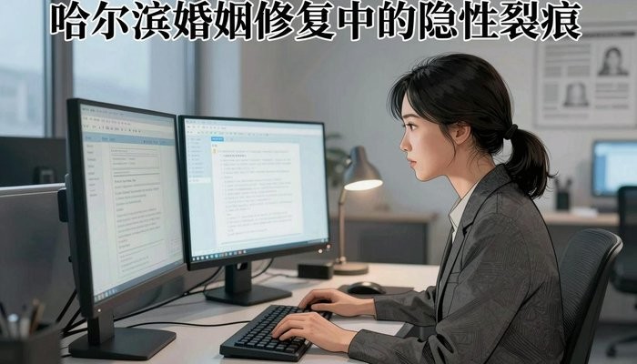 婚姻挽回一位华裔女性在简洁现代办公工位，双屏发光，敲击键盘神情专注