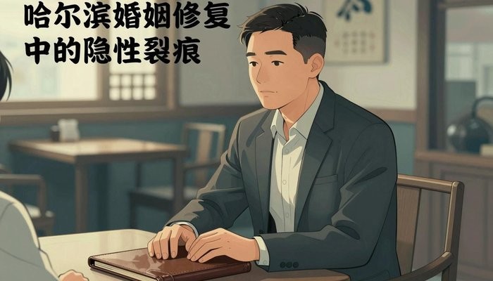 哈尔滨一位华裔男性坐在茶馆包间，双手放在合起的皮质卷宗上，面对未出镜的同伴