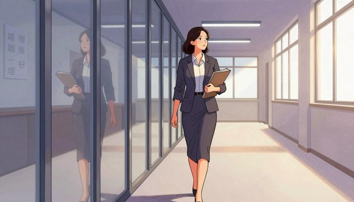 太原一位华裔女性沿玻璃幕墙办公走廊缓步行走，手拿文件夹，侧面视角