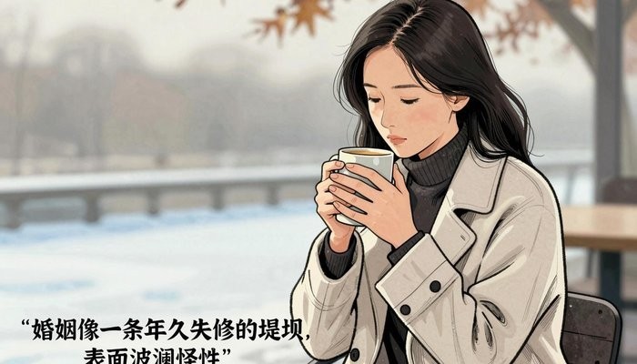 太原一位华裔女性坐在户外咖啡馆露台，穿薄外套，双手捧着热马克杯，背景秋叶虚化