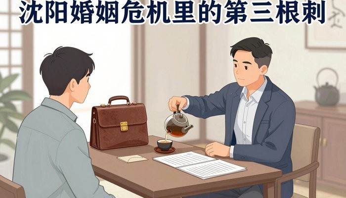 沈阳一位华裔男性在茶馆包间为桌对面的客户倒茶,身旁放着公文包和文件