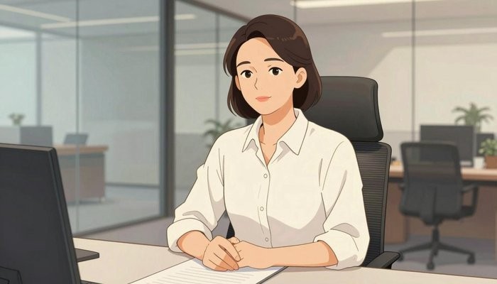 沈阳一位华裔女性端坐在办公桌后,双手交叠放在摊开的卷宗上,神情平静自信