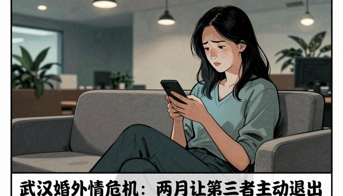 专业干预一位华裔女性坐在办公休息区沙发上，低头看手机，眉头微皱