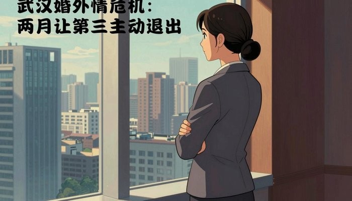 武汉一位华裔女性站在高层办公室窗边，背对镜头微微侧身，双臂轻抱，望向城市天际线