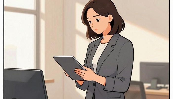 呼和浩特一位华裔女性站在站立式办公桌前,查看显示法律文件的平板