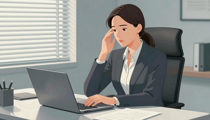 第三者一位华裔女性身着职业装坐在办公桌前,身体后靠,一手轻按太阳穴