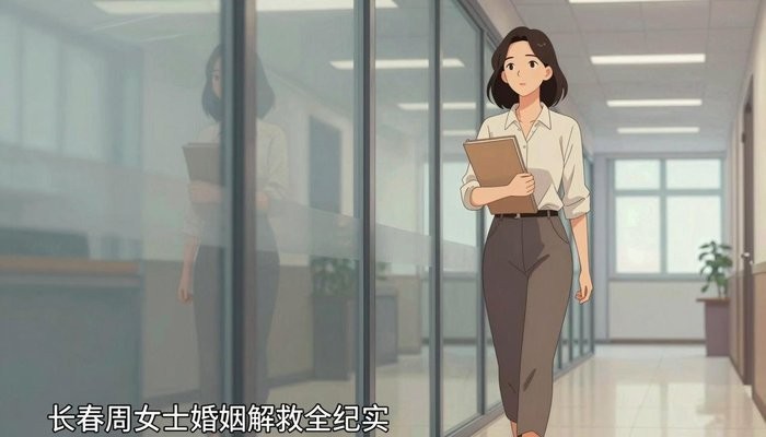 第三者一位华裔女性沿玻璃幕墙办公走廊缓步行走,手拿文件夹,侧面视角