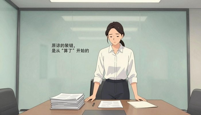 关系经营一位华裔女性站在玻璃幕墙会议室桌首,双手按在一叠文件夹上低头看文件