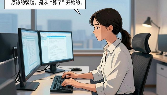情感连接一位华裔女性在简洁现代办公工位,双屏发光,敲击键盘神情专注