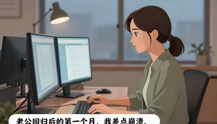 情感连接一位华裔女性在简洁现代办公工位,双屏发光,敲击键盘神情专注
