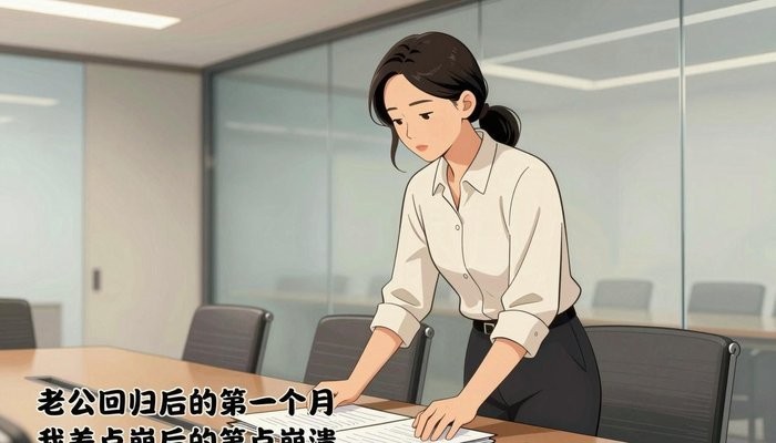 婚姻挽救机构一位华裔女性站在玻璃幕墙会议室桌首,双手按在一叠文件夹上低头看文件