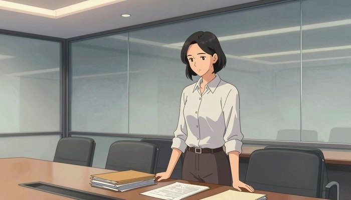 情感连接一位华裔女性站在玻璃幕墙会议室桌首,双手按在一叠文件夹上低头看文件