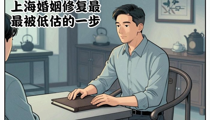婚姻保鲜一位华裔男性坐在茶馆包间，双手放在合起的皮质卷宗上，面对未出镜的同伴